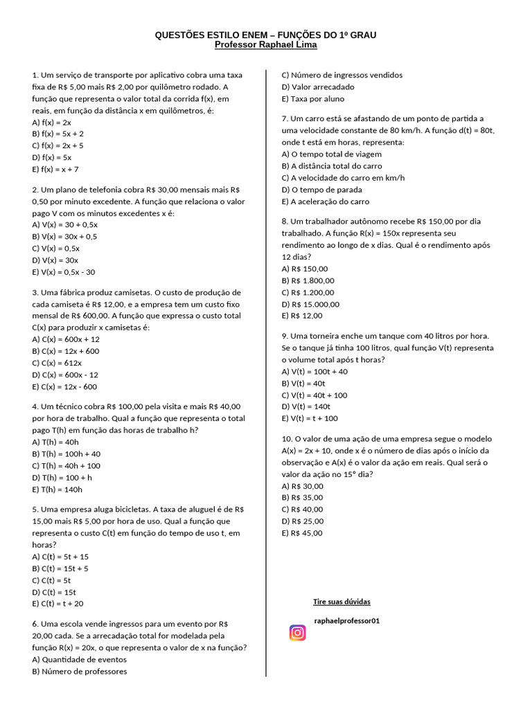 Questões ENEM: Funções do 1º Grau | PDF