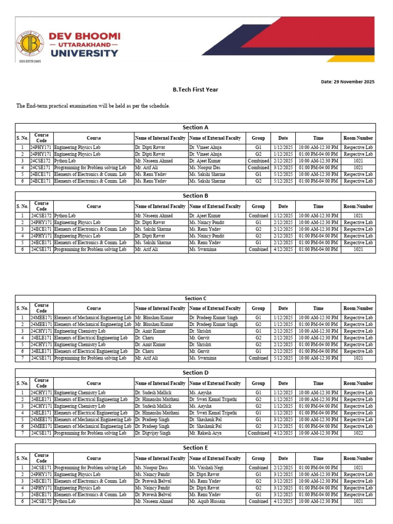 B.Tech First Year Lab Schedule 2025 | PDF | Science | Physical Sciences