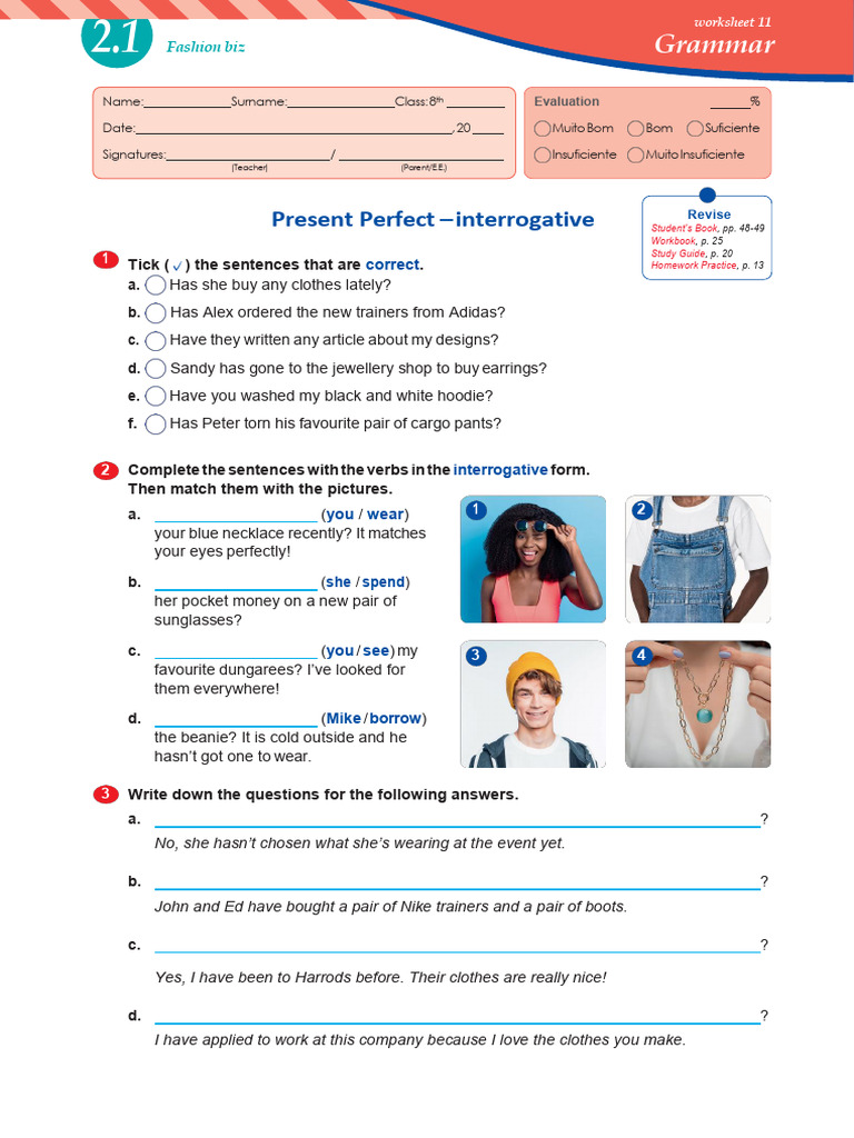 Enga8 Grammar Worksheet2 1 Present Perfect Interrogative | PDF ...