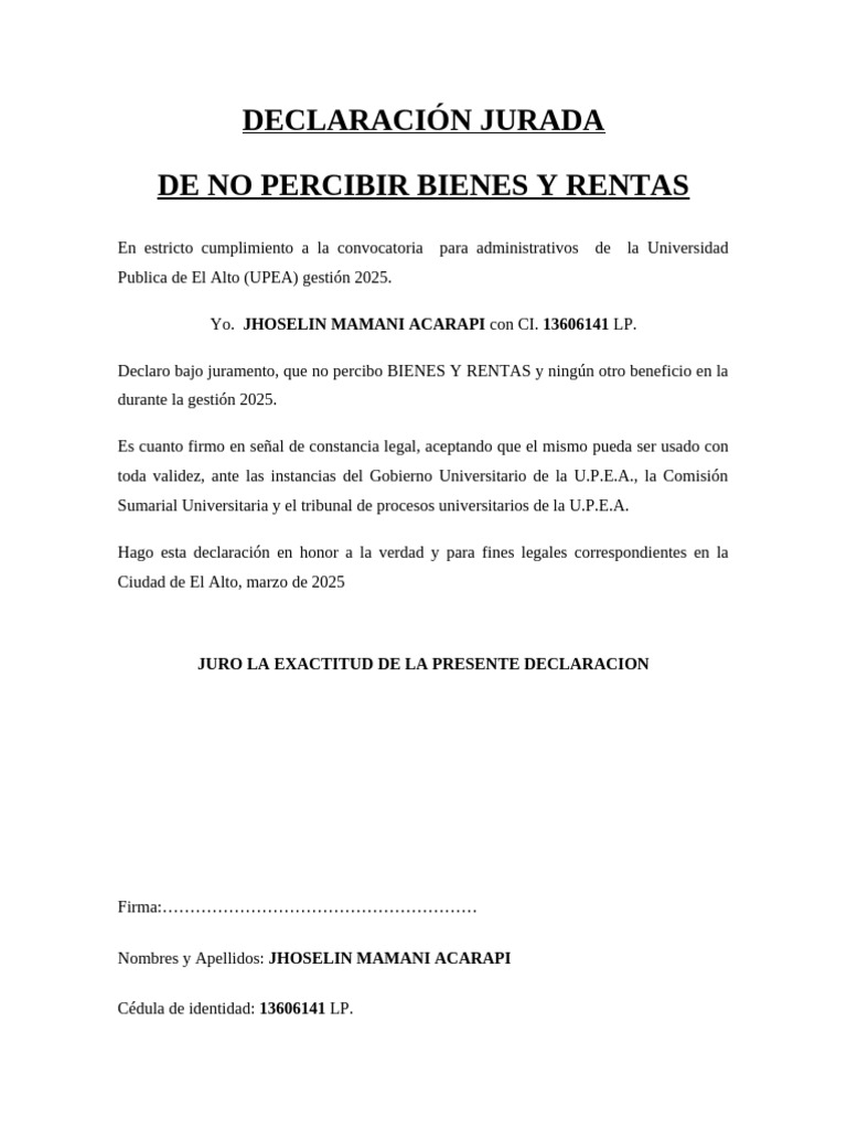 Declaración Jurada de No Percibir Bienes y Rentas | PDF