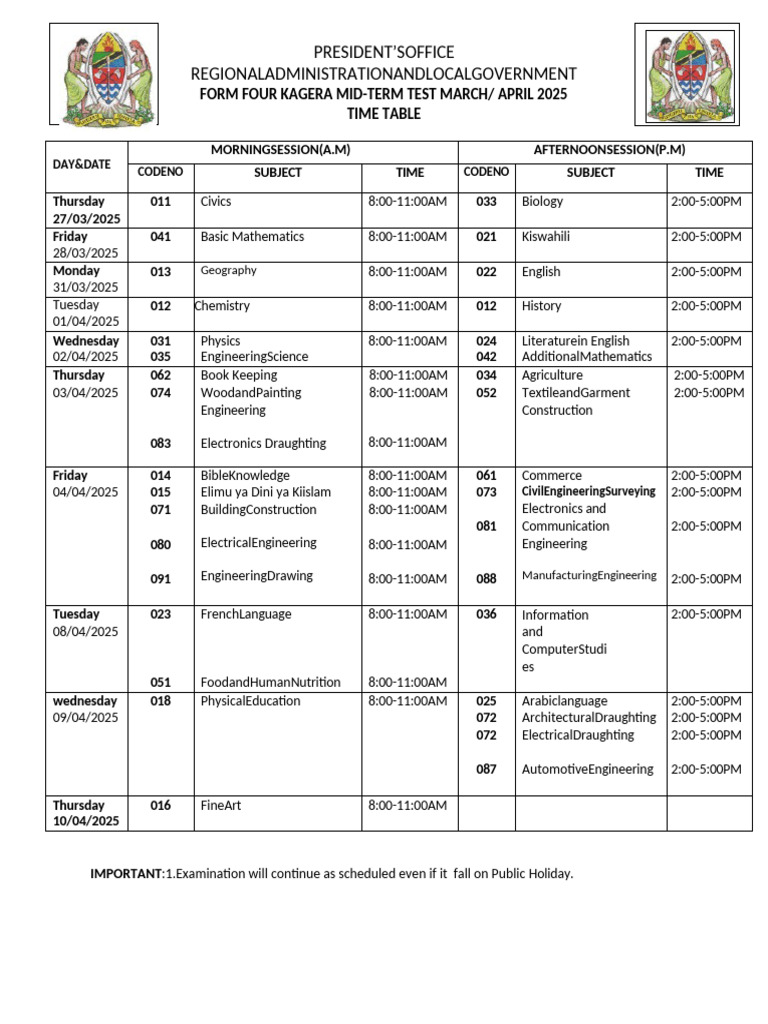 Form Four Monthly Timetable March 2025 | PDF