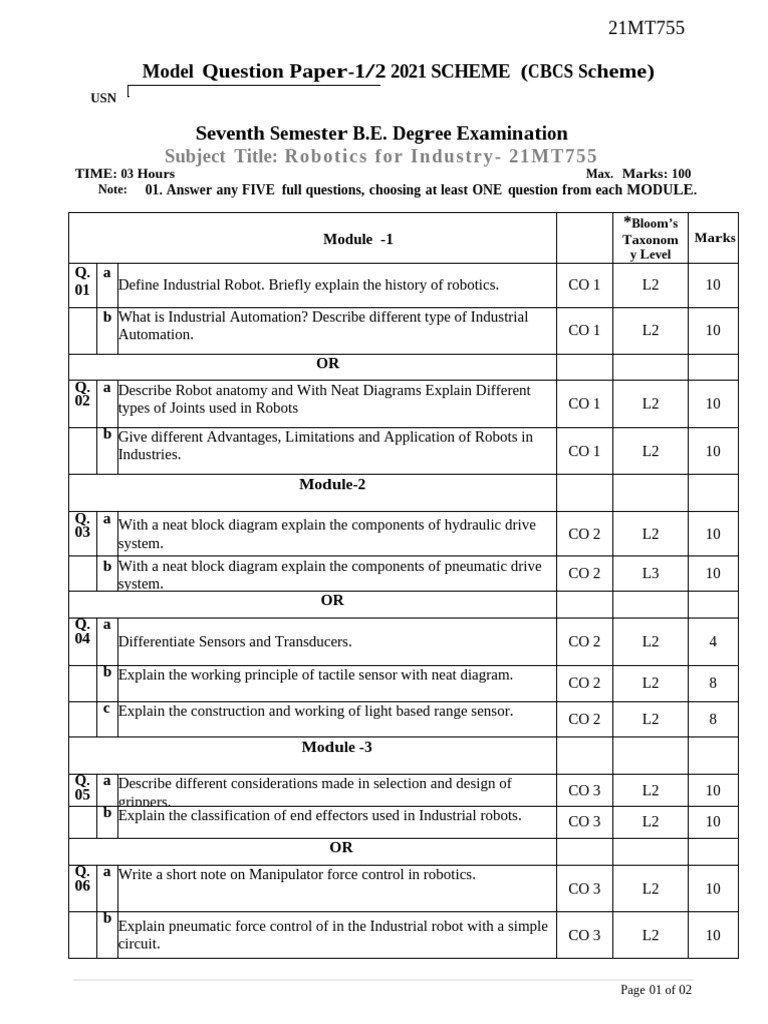 Robotics for Industry Exam Paper 2021 | PDF | Robotics | Computer ...