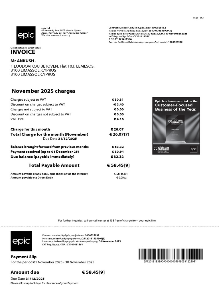 Epic Ltd Invoice for November 2025 | PDF | Payments | Cheque