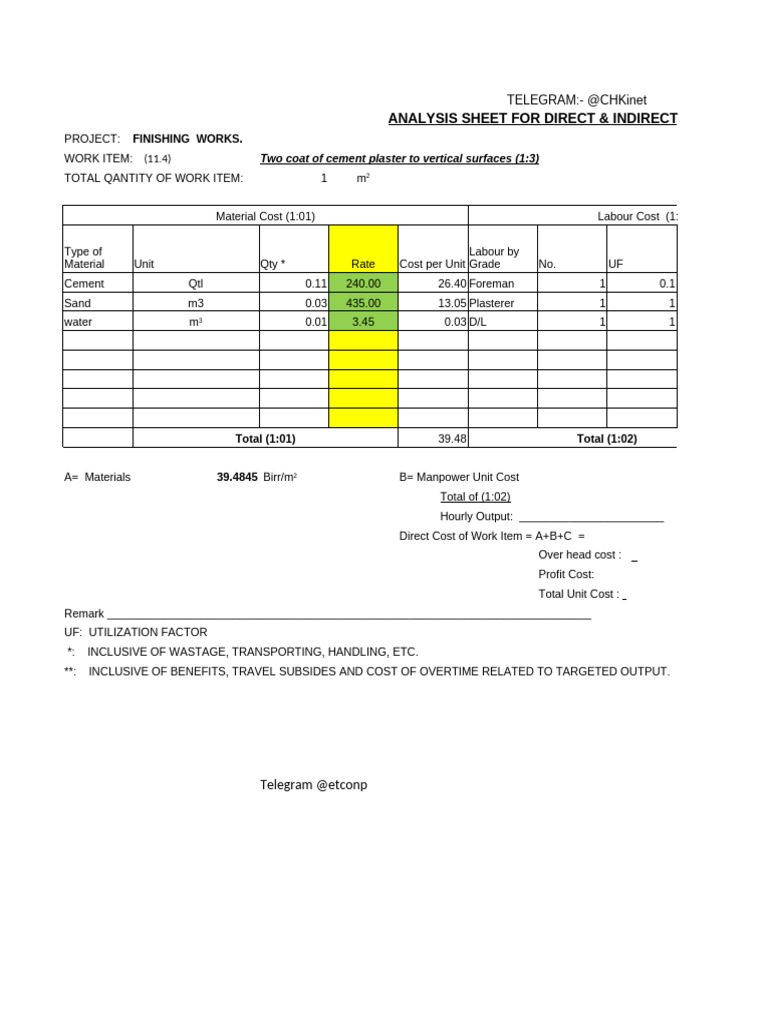 Unit Cost Analysis for Cement Plaster | PDF | Salary | Tile