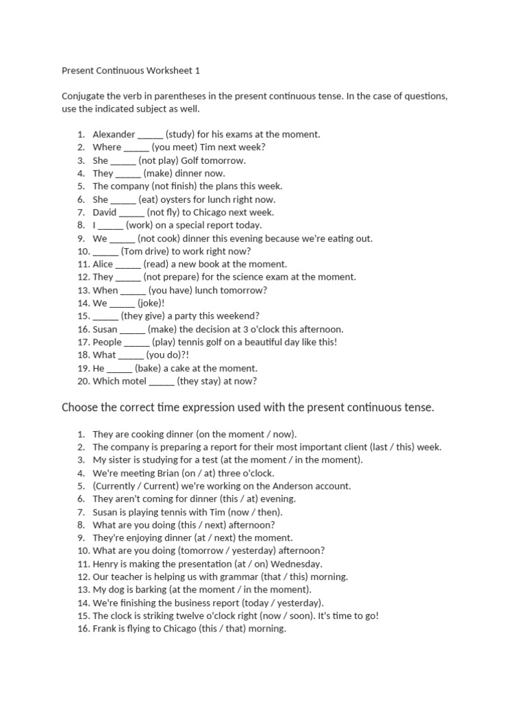 Present Continuous Tense Practice Worksheet | PDF