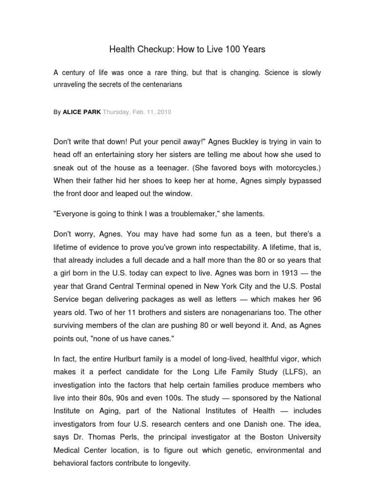 Health Checkup: How To Live 100 Years | PDF | Longevity | Ageing