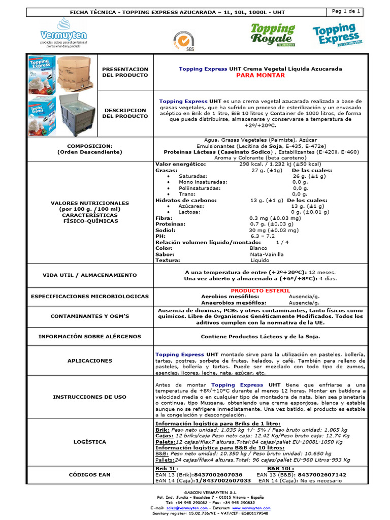 Topping Express UHT Crema Azucarada 1L-1000L | PDF | gordo | Alimentos