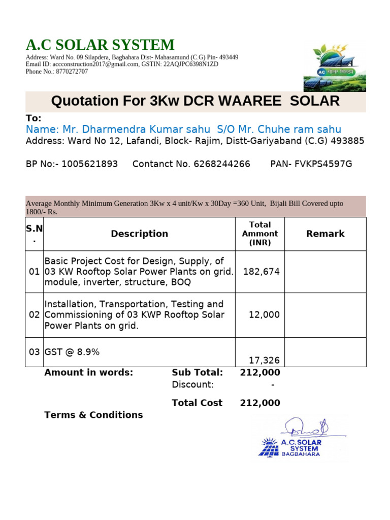 3kW & 20kW Solar Quotation Details | PDF | Photovoltaic System ...