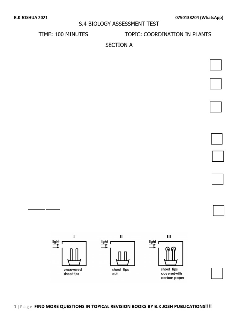 s4 Bio Coordination in Plants Assessment Test 2021 PDF | PDF | Auxin ...