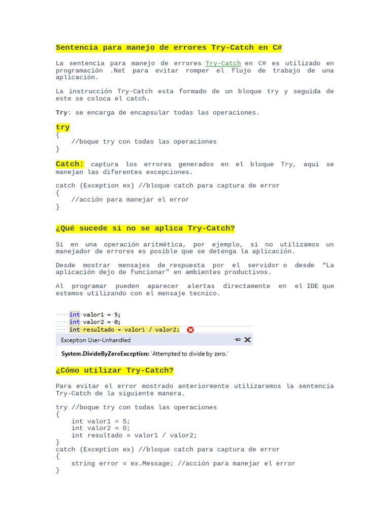 Manejo de Errores en C# con Try-Catch | PDF