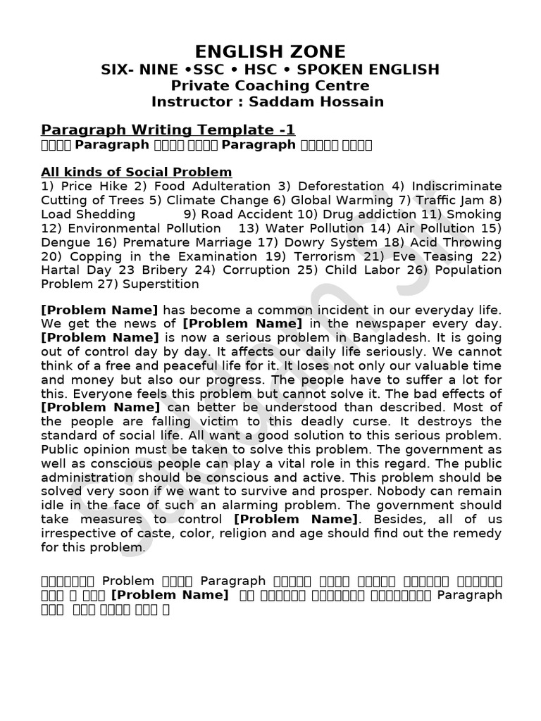 Paragraph Writing Template-Social Problem Related | PDF