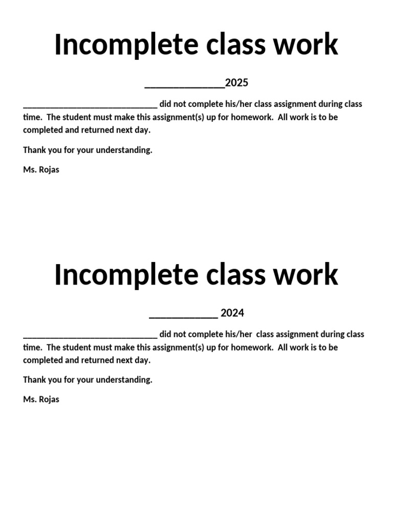 Student Incomplete Class Work Notice | PDF