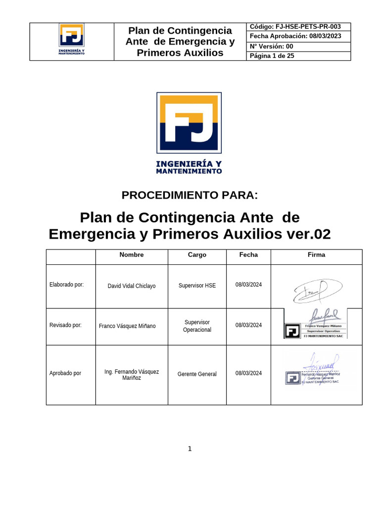 Plan de Contingencia Ante de Emergencia y Primeros Auxilios | PDF ...