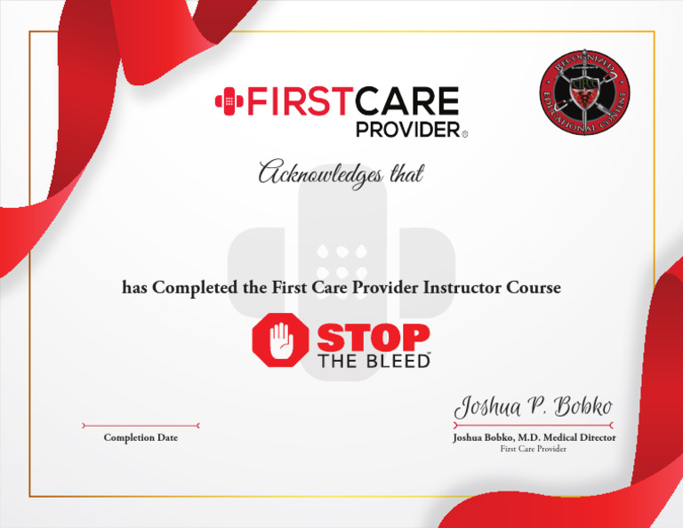 Zapata First Care Provider STB Instructor Certificate | PDF