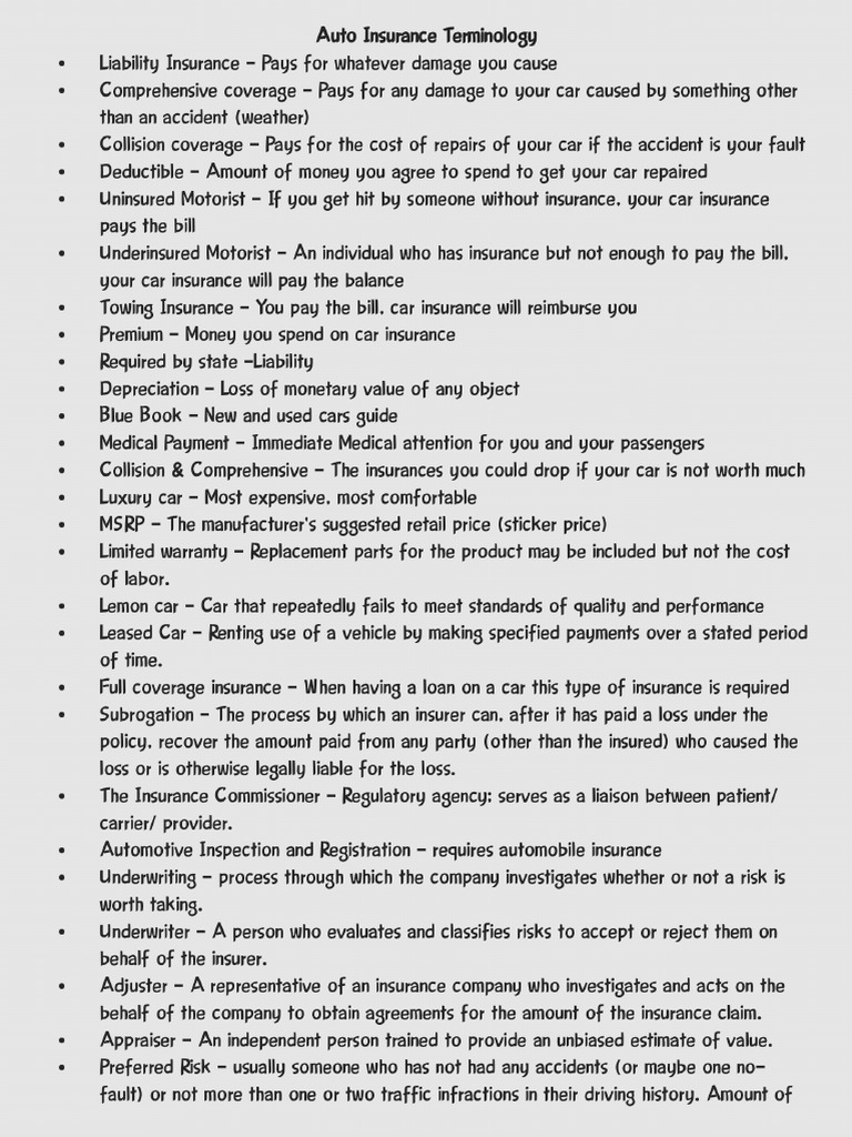 Car Insurance Terminology | PDF