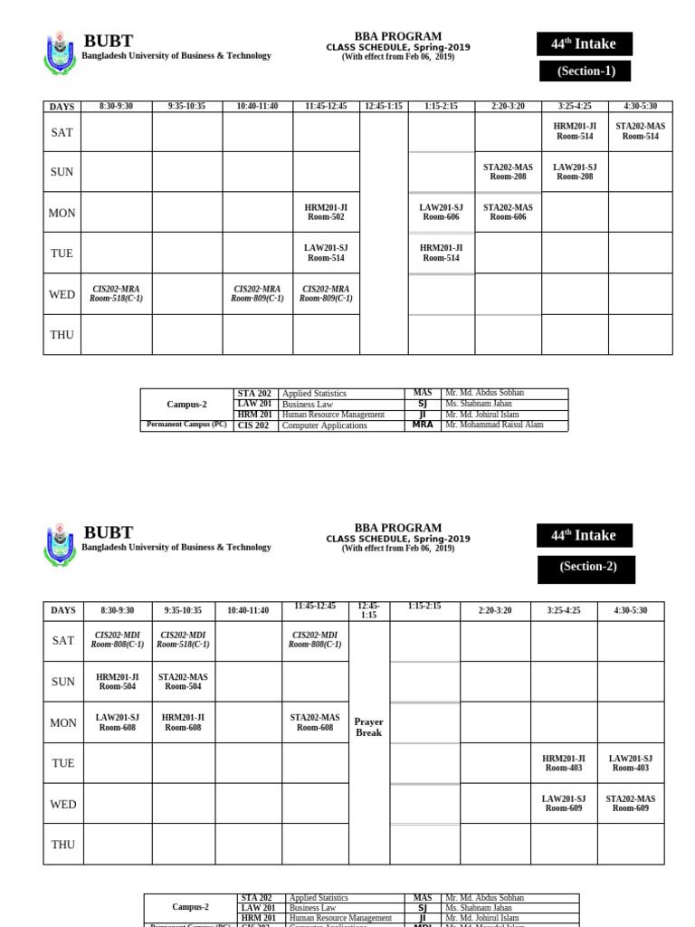 44 Intake BBA Routine Spring-2019 | PDF | Bangladesh