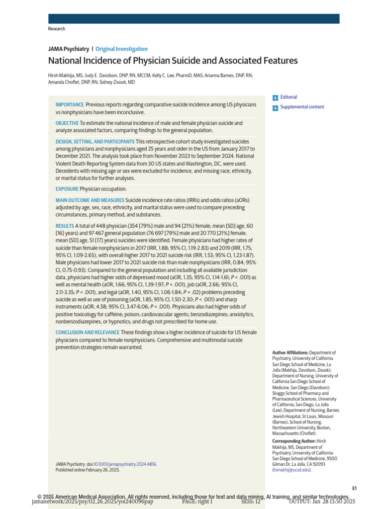 Physician Suicide Rates in the U.S. | PDF | Benzodiazepine | Drugs