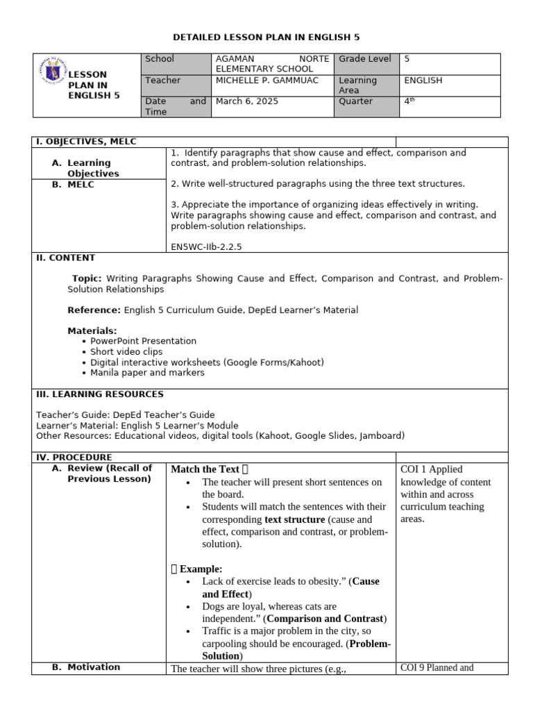 English 5 Lesson Plan on Paragraph Writing | PDF | Learning | Teachers