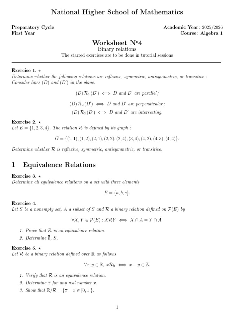 Algebra 1: Binary Relations Worksheet | PDF | Abstract Algebra | Geometry