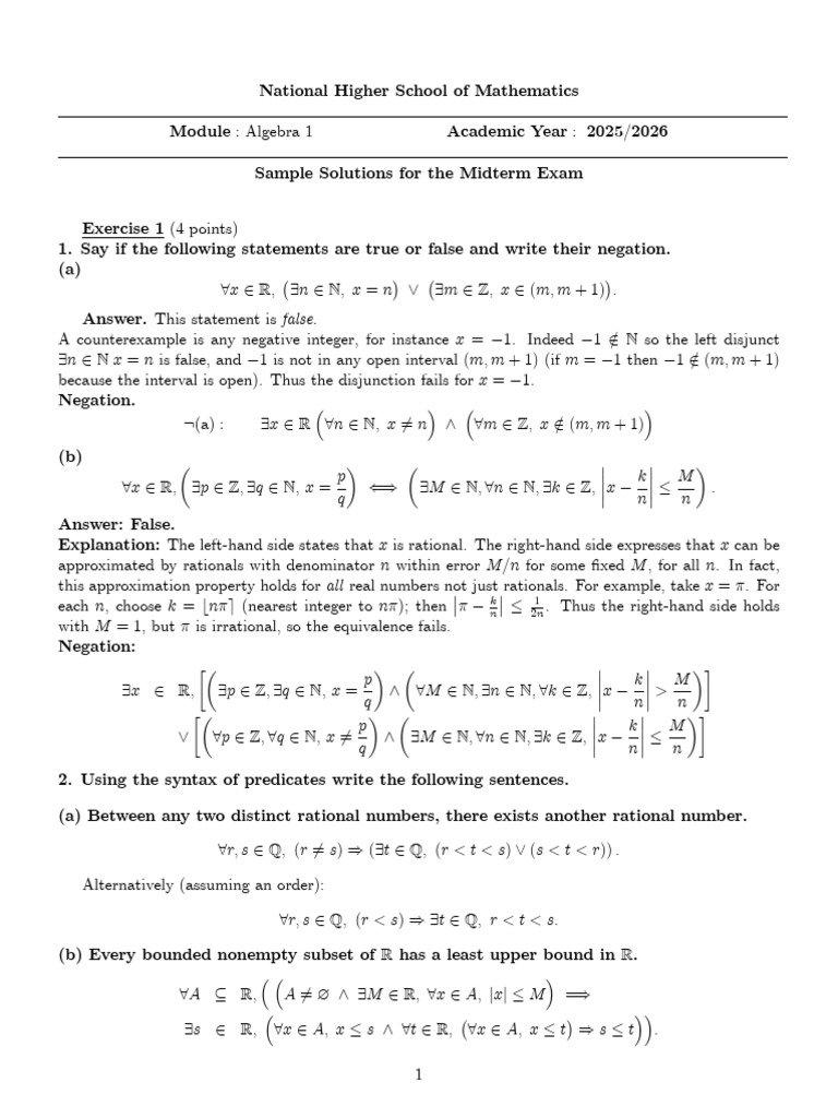 Algebra 1 Midterm Solutions 2025-2026 | PDF | Rational Number ...