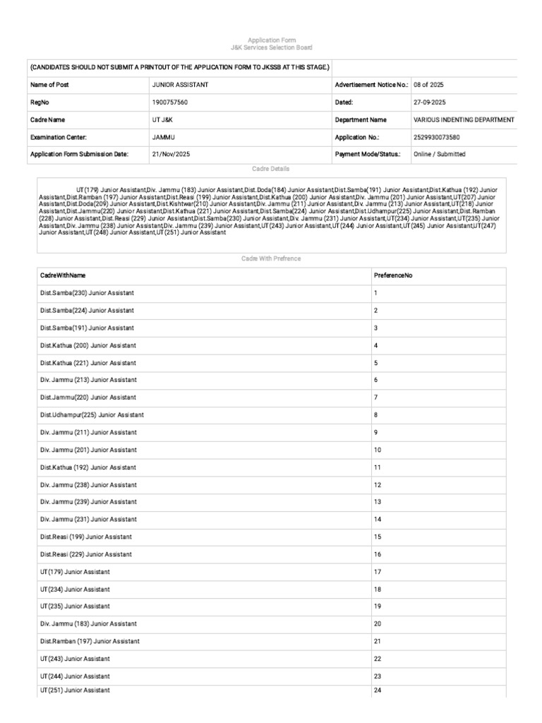 J&K Junior Assistant Application Form | PDF | Government | Justice