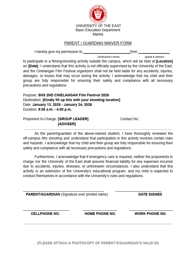 Parent Waiver for Film Activity | PDF | Safety | Private Law