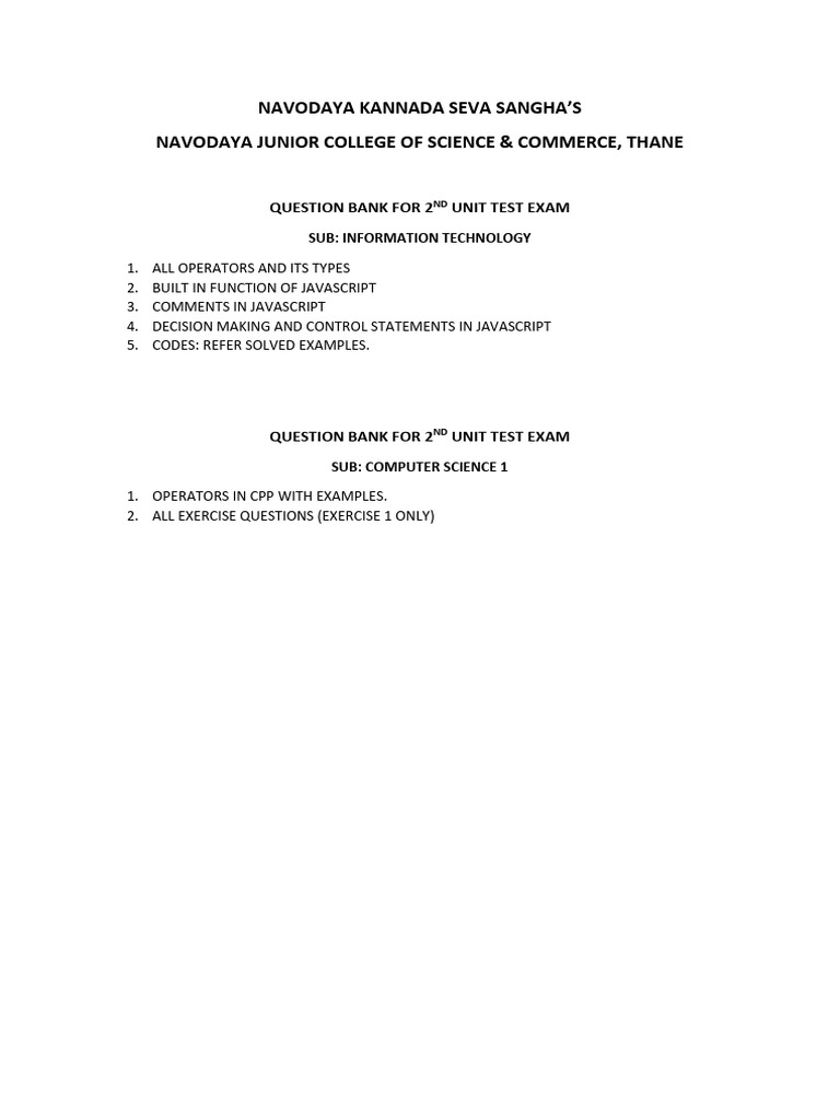 Cs 1 and It Question Bank Unit Test 2 | PDF
