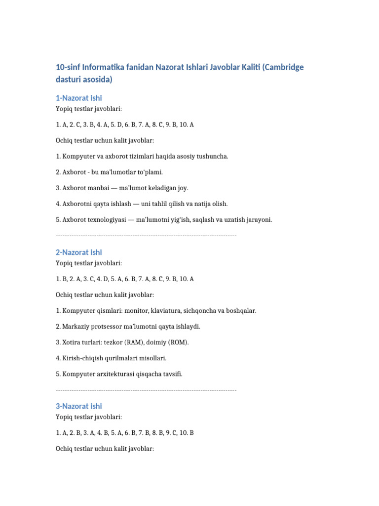 10-Sinf Informatika Nazorat Ishlari Javoblar Kaliti | PDF