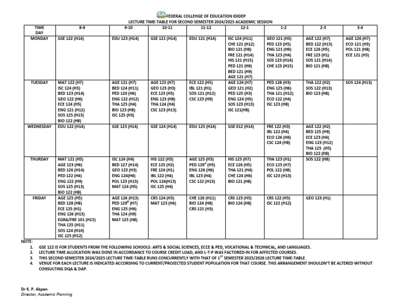 FCE Ididep Second Semester Timetable | PDF