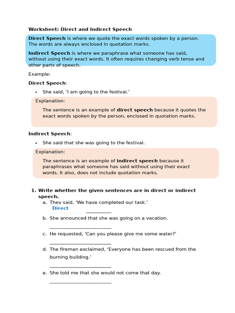 Unit 8 - Direct and Indirect Speech Worksheet Pg. 55 | PDF | Syntax ...