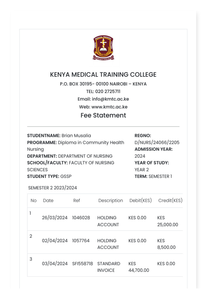 KMTC Fee Statement for Nursing Student | PDF | Financial Services ...