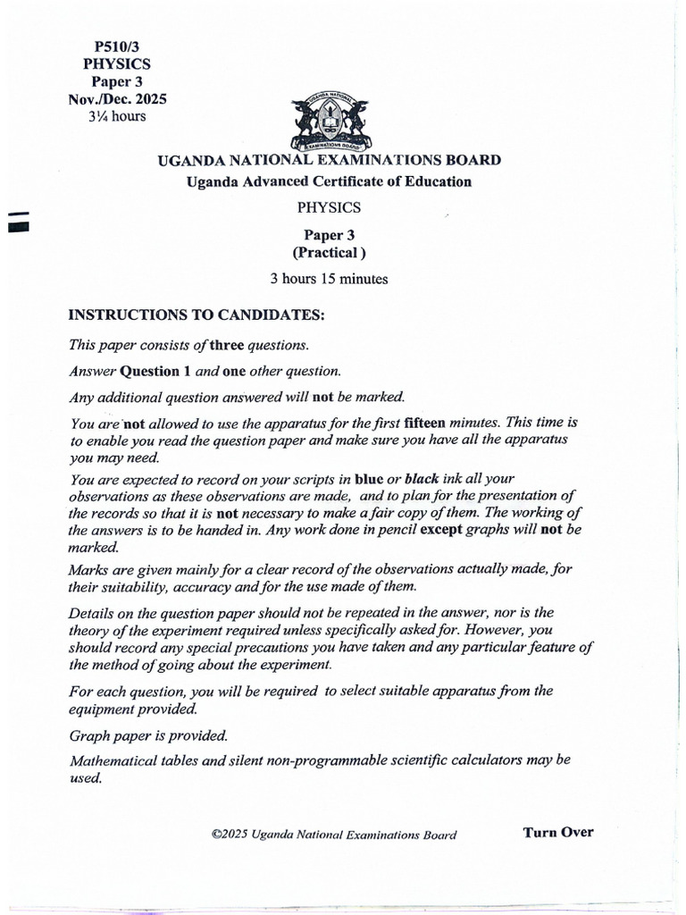 Uneb Uace s6 Physics Practical Paper 3 2025 | PDF