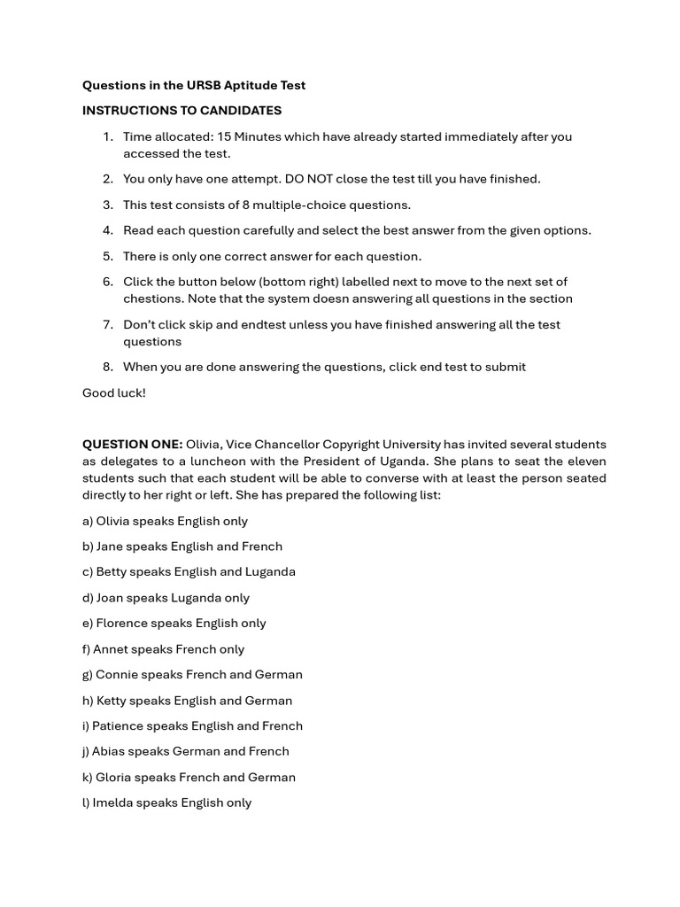 URSB Aptitude Test Instructions and Questions | PDF | Chess | Chess Theory