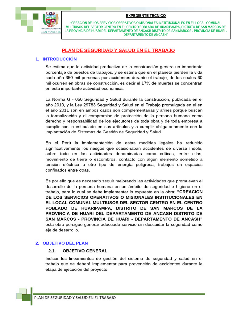PLAN DE SEGURIDAD Y SALUD EN EL TRABAJO | PDF | Seguridad y salud ...