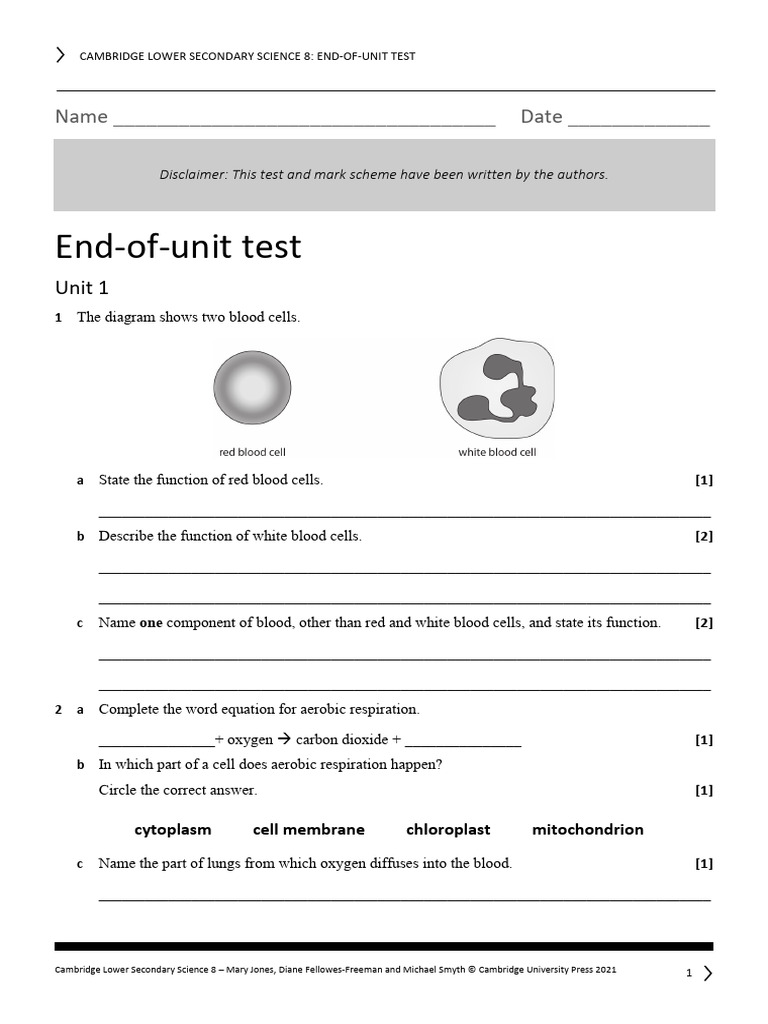 623327823-S8-End-of-Unit-1-Test | PDF | Respiratory System | Lung