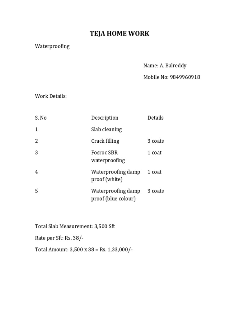 Waterproofing Work Estimate for Slab | PDF