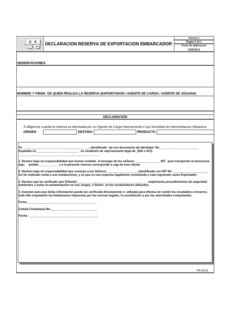 Copia de Formato de Agente - Declaracion Reserva de Exportacion ...