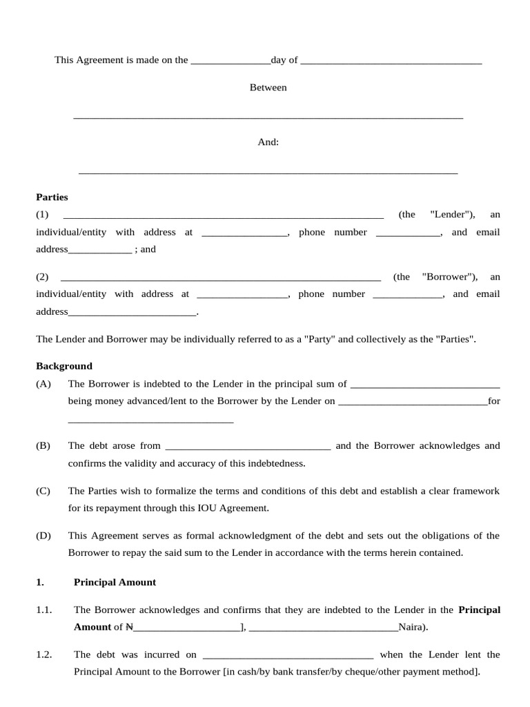 IOU Agreement Template for Lender-Borrower | PDF | Debt | Jurisdiction
