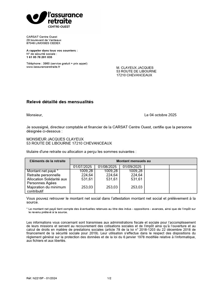 Relevé Mensuel de Retraite de Jacques Clayeux | PDF | Impôts | Retraite