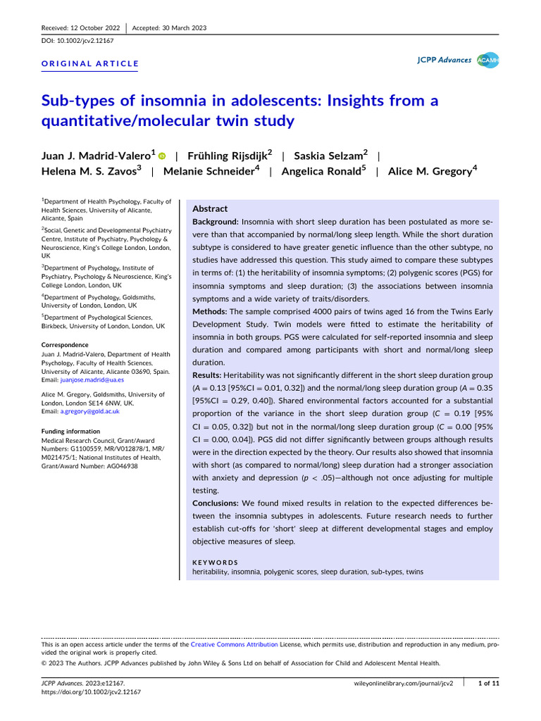Adolescent Insomnia Subtypes: A Twin Study | PDF | Heritability | Insomnia