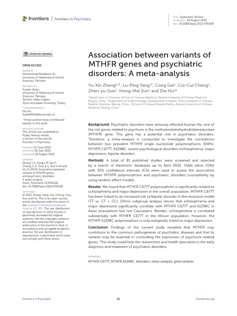 MTHFR Gene Variants and Psychiatric Disorders | PDF | Genetics | Biology