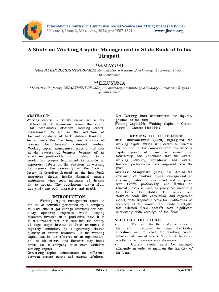 A Study on Working Capital Management in State Bank of India, Tirupati ...