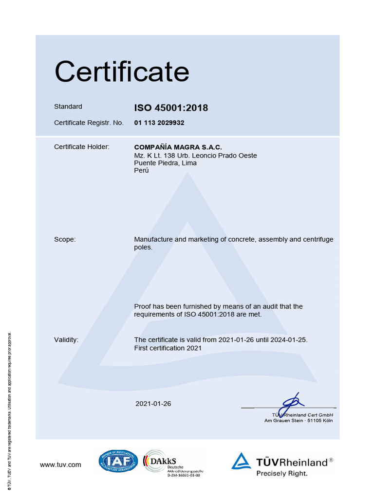 1. Certificado Iso 45001 Compañia Magra_01_113_2029932 (3) | PDF