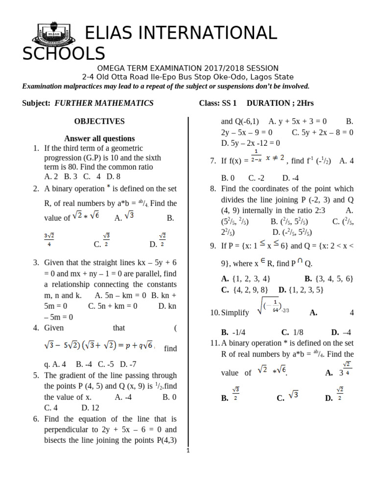 SS1 F-Maths 1st Term T1 | PDF | Chess | Mathematics