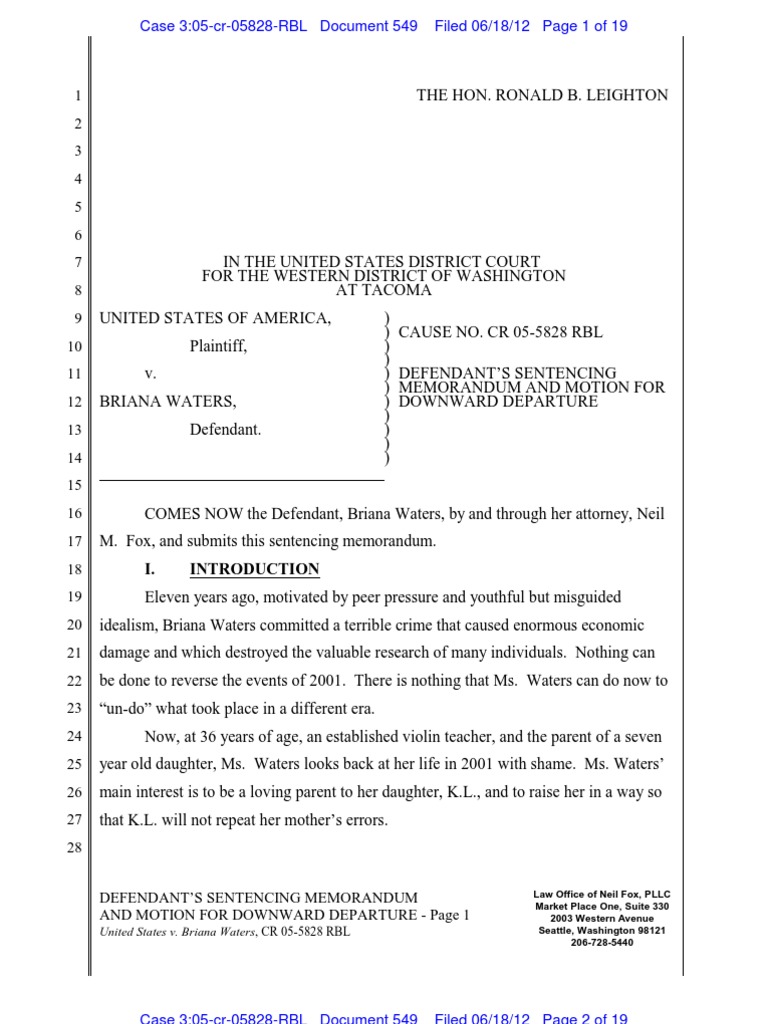 Briana Waters Sentencing Memorandum United States Federal Sentencing