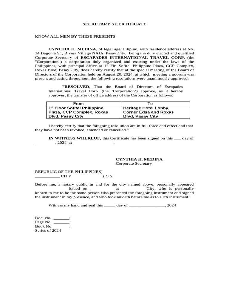 Corporate Secretary's Certificate for Address Change | PDF
