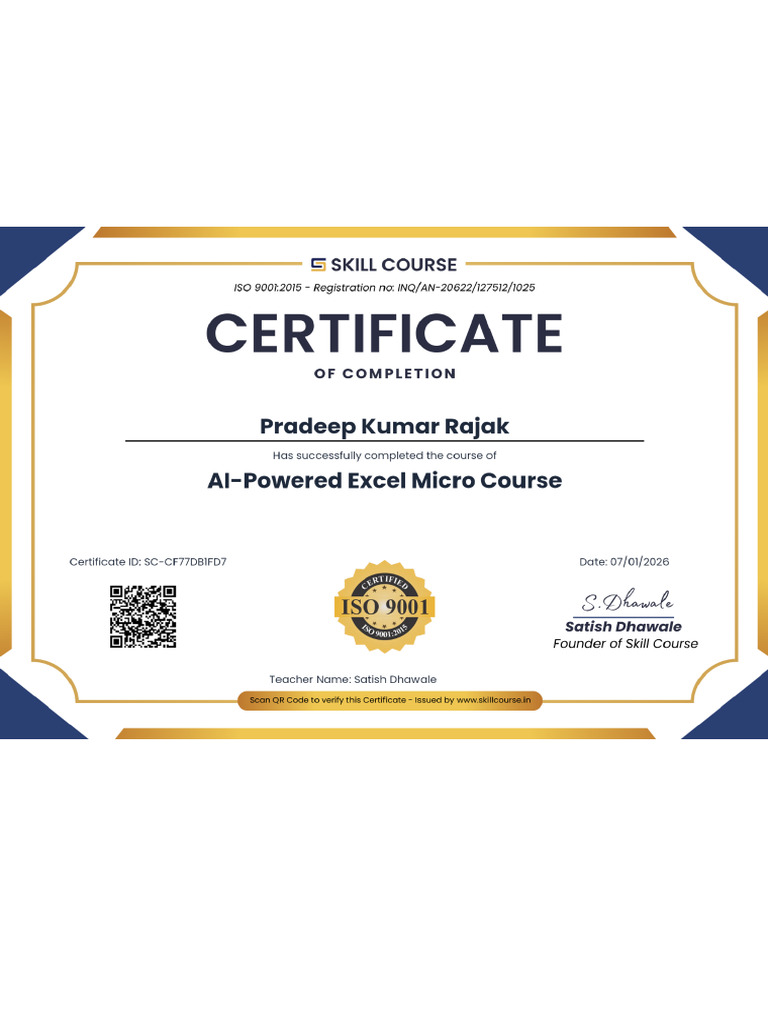 Excel Certificate Pradeep Kumar Rajak | PDF