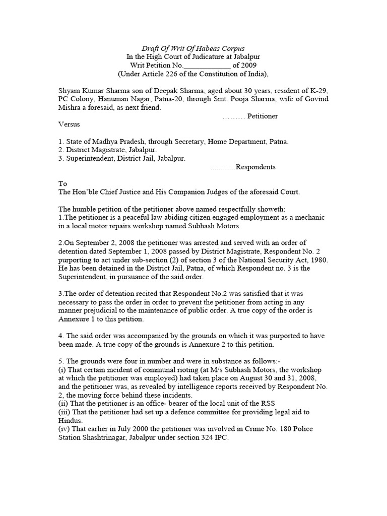 Draft of Writ of Habeas Corpus | PDF | Habeas Corpus | Justice