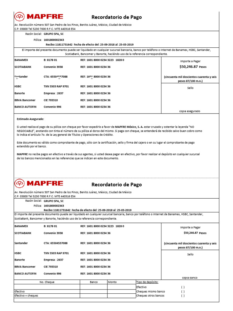 Recordatorio de Pago de Póliza 1601800002343 | PDF | Bancos | Finanzas ...