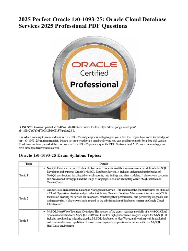 2025 Perfect Oracle 1z0 1093 25 Oracle Cloud Datab | PDF | Databases ...